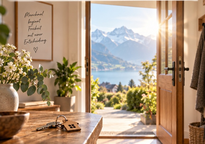 Eine offene Haustür mit Blick auf See und Schweizer Berge